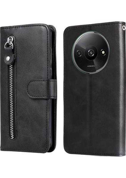 Xiaomi Redmi A3 Manyetik Kılıf Fermuarlı Cep Telefonu Kılıfı Buzağı Dokulu-Siyah (Yurt Dışından)