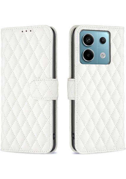 Xiaomi Poco X6 5g Eşkenar Dörtgen Kılıf Pu Deri Folyo Kapak Çevirin-Beyaz (Yurt Dışından)