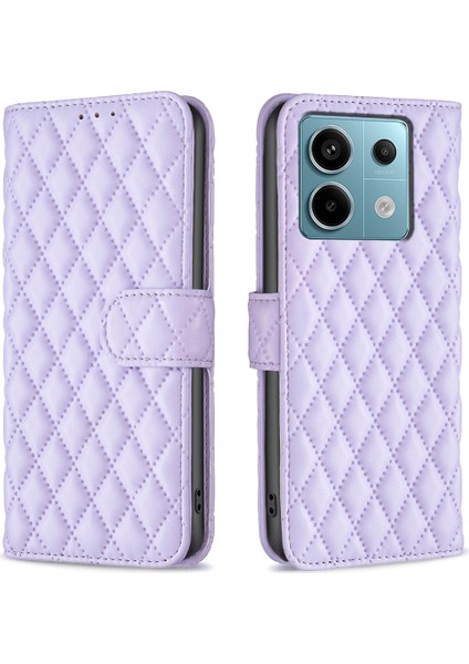 Xiaomi Poco X6 5g Eşkenar Dörtgen Kılıf Için Pu Deri Folyo Kapak Çevirin-Mor (Yurt Dışından)