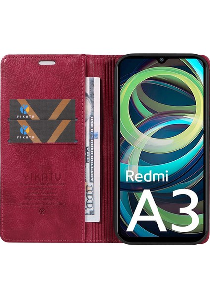 Xiaomi Redmi A3 Kılıf Folio Pu Deri Manyetik Emme Telefon Kapağı-Şarap Kırmızısı Için (Yurt Dışından)