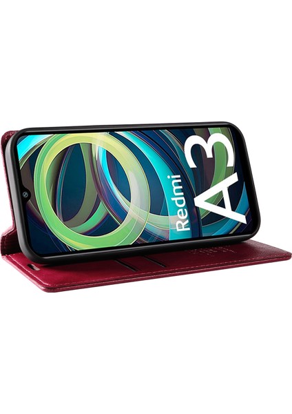 Xiaomi Redmi A3 Kılıf Folio Pu Deri Manyetik Emme Telefon Kapağı-Şarap Kırmızısı Için (Yurt Dışından)