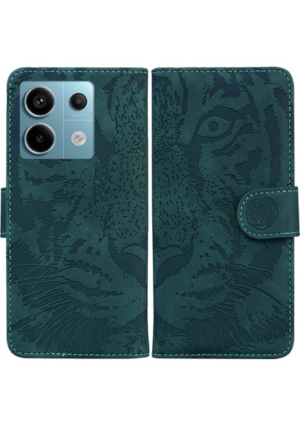 Xiaomi Poco X6 5g Kaplan Desenli Kılıf Pu Deri Standlı Cüzdan Telefon Kapağı-Yeşil (Yurt Dışından)