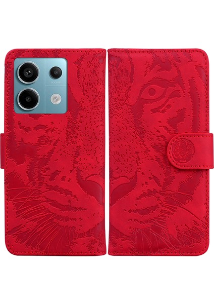 Xiaomi Poco X6 5g Kaplan Desenli Kılıf Pu Deri Standlı Cüzdan Telefon Kapağı-Kırmızı (Yurt Dışından)