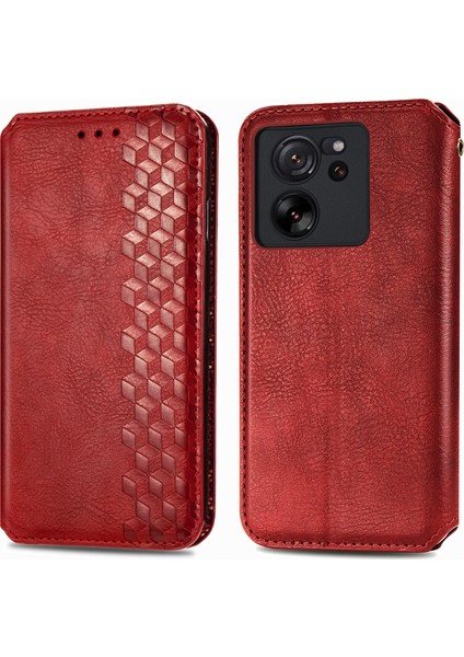 Xiaomi 13T Telefon Kapağı Baskılı Anti-Damla Pu Deri Cüzdan Standı Kılıfı-Kırmızı (Yurt Dışından)