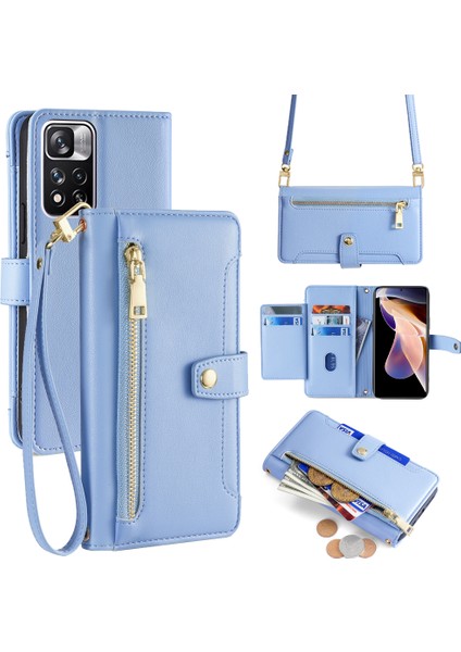 Xiaomi Redmi Note 11 Pro Deri Kılıf Fermuarlı Cep Crossbody Telefon Kapağı-Mavi (Yurt Dışından)