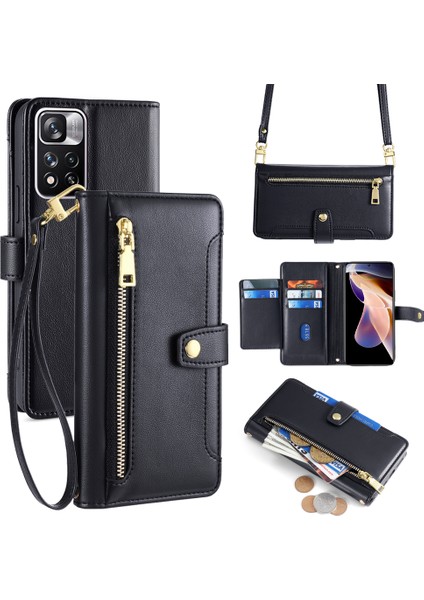 Xiaomi Redmi Note 11 Pro Deri Kılıf Fermuarlı Cep Crossbody Telefon Kapağı-Siyah (Yurt Dışından)