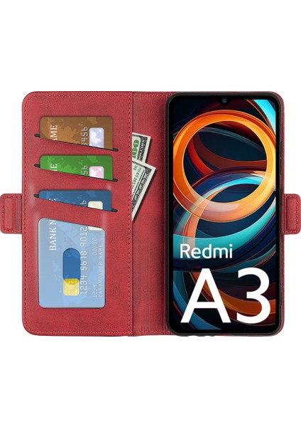 Xiaomi Redmi A3 Kılıf Çift Manyetik Toka Deri Cep Telefonu Kapağı-Kırmızı (Yurt Dışından) fiyatları