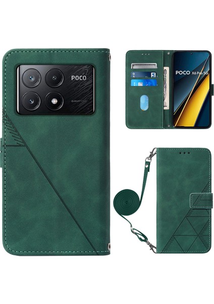 Xiaomi Poco X6 Pro 5g Manyetik Telefon Kılıfı Çizgi Desenli Crossbody Kapak-Siyahımsı Yeşil (Yurt Dışından)