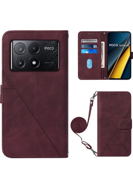 Xiaomi Poco X6 Pro 5g Manyetik Telefon Kılıfı Çizgi Desenli Crossbody Kapak-Şarap Kırmızısı Için (Yurt Dışından)