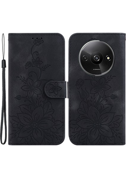 Xiaomi Redmi A3 Cep Telefonu Kılıfı Için Çiçek Baskı Deri Telefon Kabuğu-Siyah (Yurt Dışından)