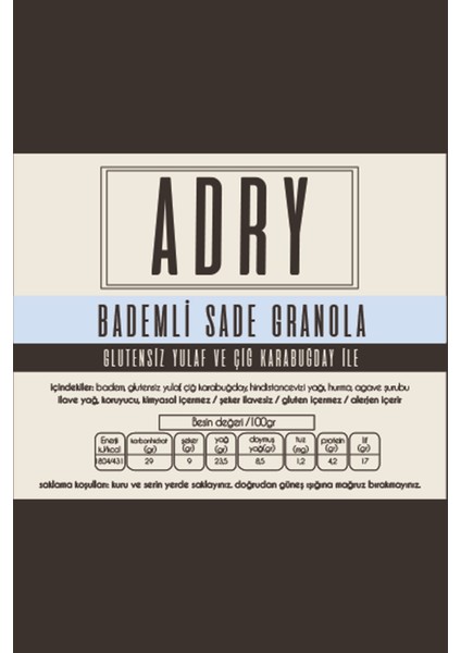 Bademli Sade Granola/vegan ve GLUTENSIZ/250GR/KAHVALTILIK/ŞEKER Ilavesiz/katkısız