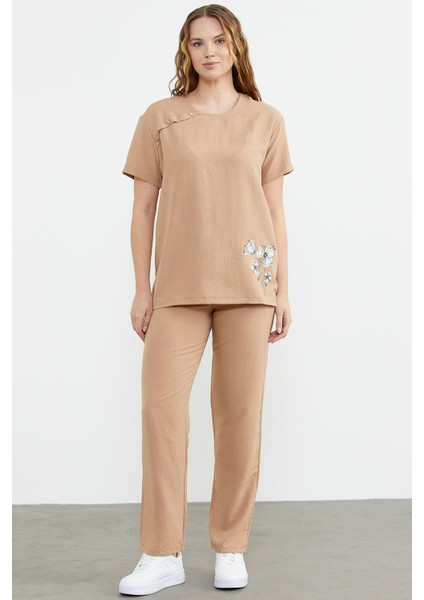 Baskı Detaylı Ikili Krep Takım - Kamel fiyatları