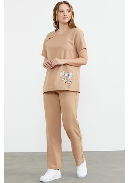 Baskı Detaylı Ikili Krep Takım - Kamel modelleri