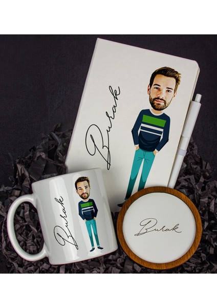 Kişiye Özel Karikatür Tasarım Defter Kalem Kupa ve Bardak Altlığı Hediye Seti 96159