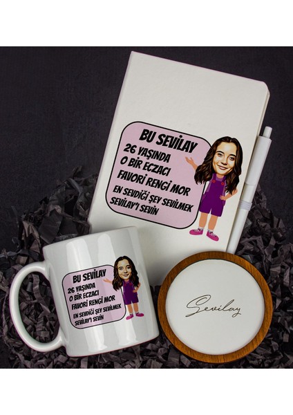 Kişiye Özel Karikatür Tasarım Defter Kalem Kupa ve Bardak Altlığı Hediye Seti 96164