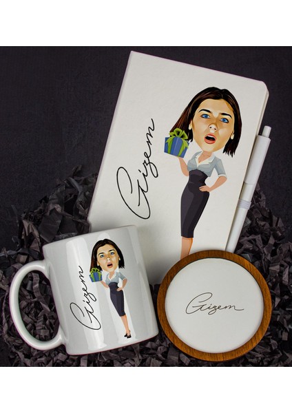 Kişiye Özel Karikatür Tasarım Defter Kalem Kupa ve Bardak Altlığı Hediye Seti 96203