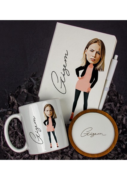 Kişiye Özel Karikatür Tasarım Defter Kalem Kupa ve Bardak Altlığı Hediye Seti 96183