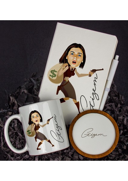 Kişiye Özel Karikatür Tasarım Defter Kalem Kupa ve Bardak Altlığı Hediye Seti 96166