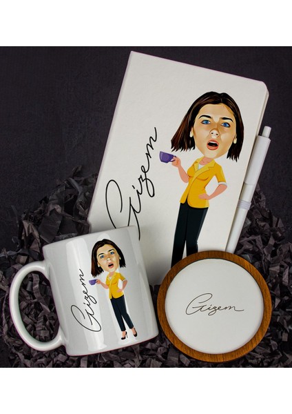 Kişiye Özel Karikatür Tasarım Defter Kalem Kupa ve Bardak Altlığı Hediye Seti 96321