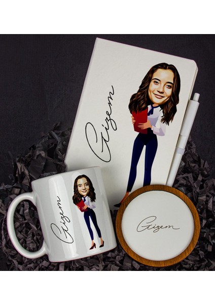 Kişiye Özel Karikatür Tasarım Defter Kalem Kupa ve Bardak Altlığı Hediye Seti 96137