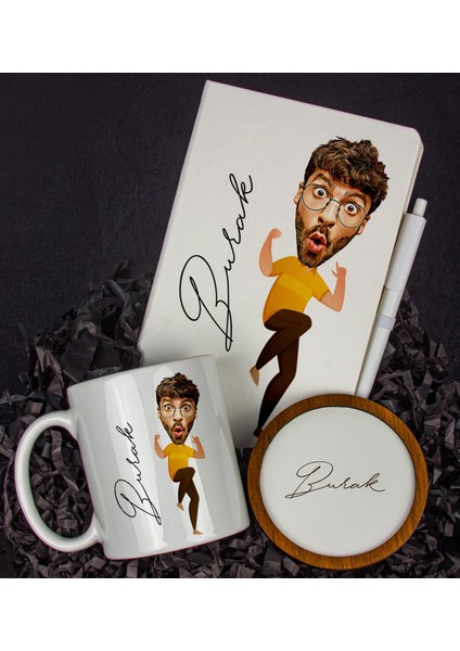 Kişiye Özel Karikatür Tasarım Defter Kalem Kupa ve Bardak Altlığı Hediye Seti 96220