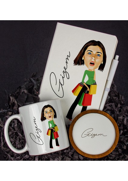Kişiye Özel Karikatür Tasarım Defter Kalem Kupa ve Bardak Altlığı Hediye Seti 96245