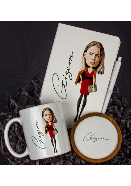 Kişiye Özel Karikatür Tasarım Defter Kalem Kupa ve Bardak Altlığı Hediye Seti 96267