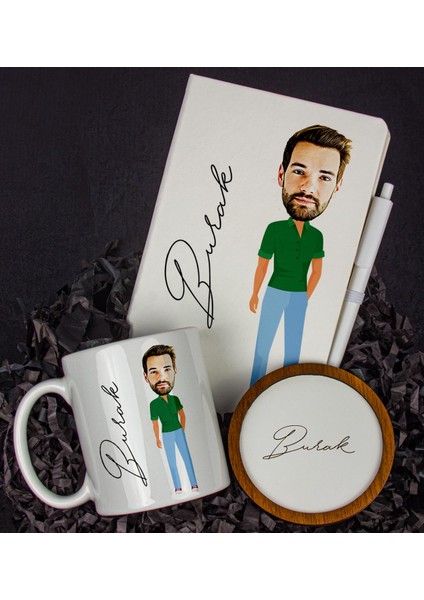 Kişiye Özel Karikatür Tasarım Defter Kalem Kupa ve Bardak Altlığı Hediye Seti 96189