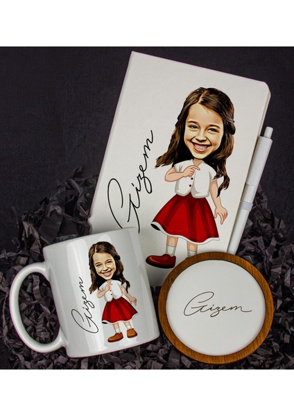 Kişiye Özel Karikatür Tasarım Defter Kalem Kupa ve Bardak Altlığı Hediye Seti 96331