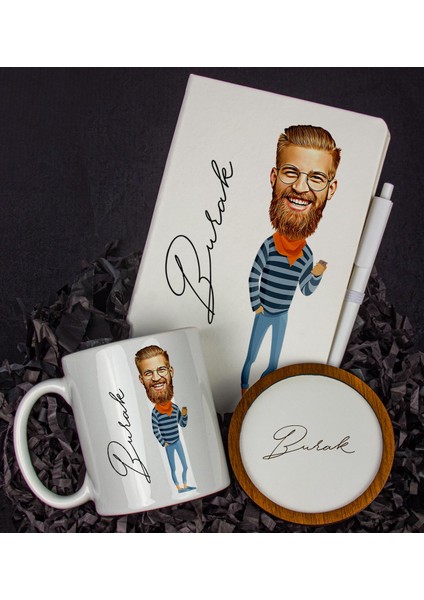 Kişiye Özel Karikatür Tasarım Defter Kalem Kupa ve Bardak Altlığı Hediye Seti 96216