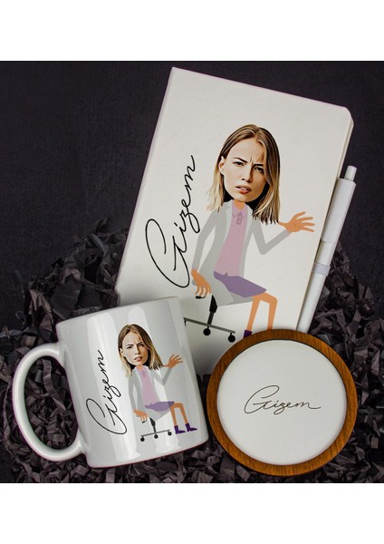 Kişiye Özel Karikatür Tasarım Defter Kalem Kupa ve Bardak Altlığı Hediye Seti 96195