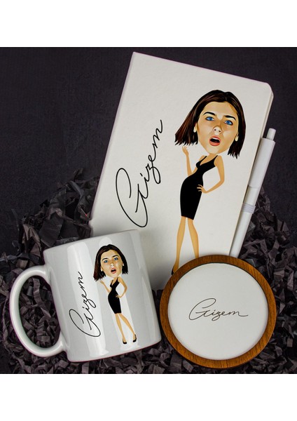 Kişiye Özel Karikatür Tasarım Defter Kalem Kupa ve Bardak Altlığı Hediye Seti 96242