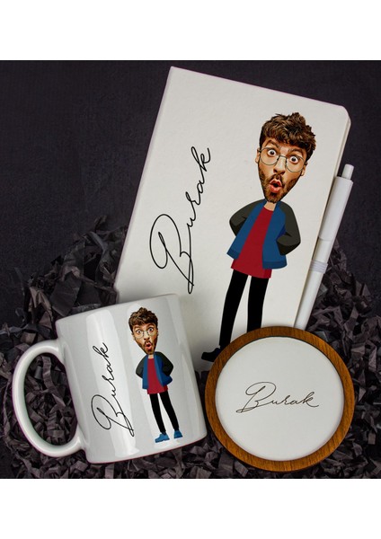 Kişiye Özel Karikatür Tasarım Defter Kalem Kupa ve Bardak Altlığı Hediye Seti 96147