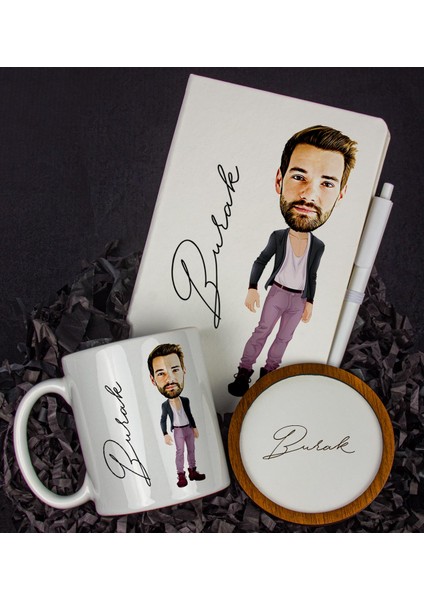 Kişiye Özel Karikatür Tasarım Defter Kalem Kupa ve Bardak Altlığı Hediye Seti 96177