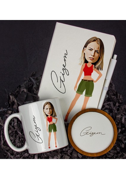 Kişiye Özel Karikatür Tasarım Defter Kalem Kupa ve Bardak Altlığı Hediye Seti 96187