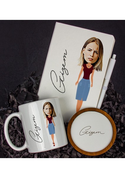 Kişiye Özel Karikatür Tasarım Defter Kalem Kupa ve Bardak Altlığı Hediye Seti 96184