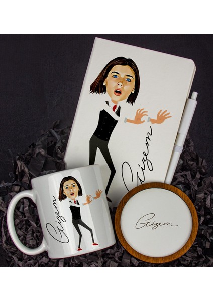 Kişiye Özel Karikatür Tasarım Defter Kalem Kupa ve Bardak Altlığı Hediye Seti 96284