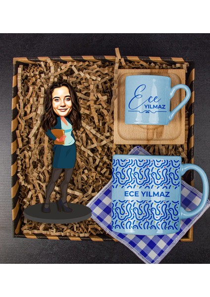 Kişiye Özel Karikatür Biblo & Türk Kahvesi Fincanı & Kupa & Bardak Altlığı Hediye Kutusu 112021