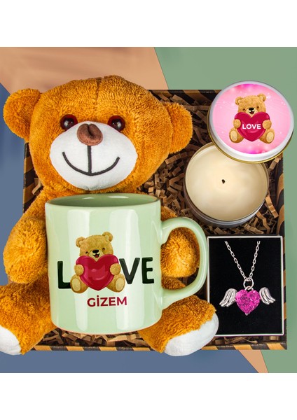Sevgiliye Özel Tasarım Kupa & Peluş Ayıcık & Mum & Kristal Taşlı Melek Kanatları Kolye Hediye Kutusu 112870