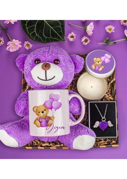 Sevgiliye Özel Tasarım Kupa & Peluş Ayı & Mum & Kristal Taşlı Melek Kanatları Kolye Hediye Kutusu 112875