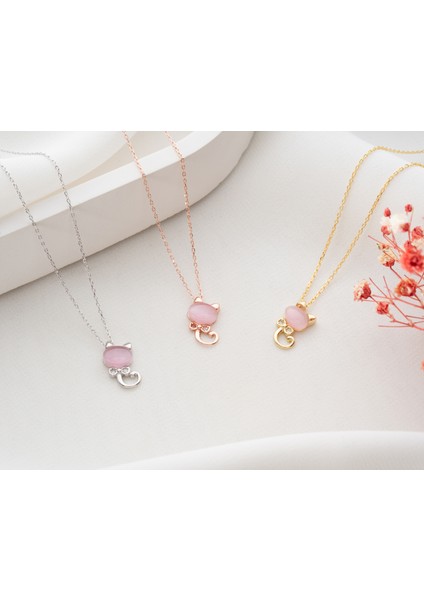 925 Ayar Pembe Kaplı Ay Taşlı Gümüş Kedi Kolye