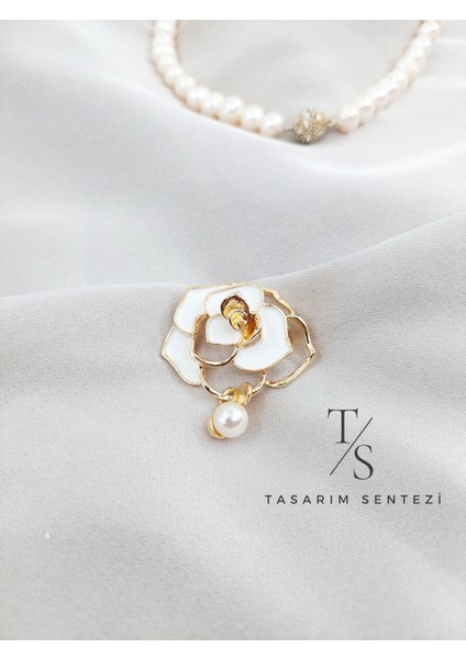 Broş Metal Rozet Gül Beyaz Incili Yaprak Yaka Kıyafet Şapka Takı Aksesuar Rosette Brooch fiyatları