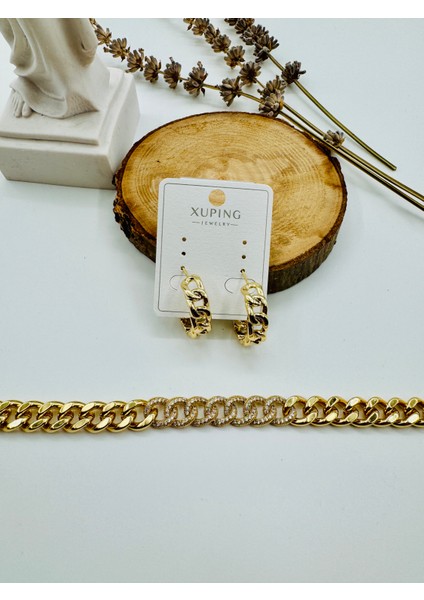 Xupıng Jewelry 14 Ayar Altın Kaplama, Ortası Burgu Zirkon Taşlı Bileklik