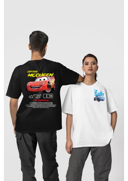 Unisex Siyah Beyaz I'm Sally ve Şimşek Mcqueen Cars Baskılı 2'li Sevgili Kombini Çift Tshirt 2 Adet