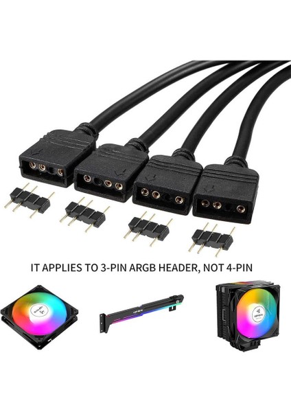 Coolmoon 4 Port 5V 3pin Argb LED Splitter Çoklayıcı Kablo, Uzatma Kablosu (1 Dişi To 4 Dişi) - Siyah