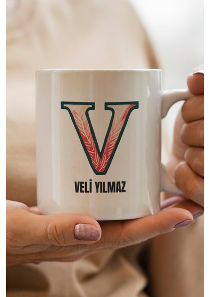 Yılbaşı Hediyesi Kişiye Özel V Harfi Baskılı Kupa Bardak
