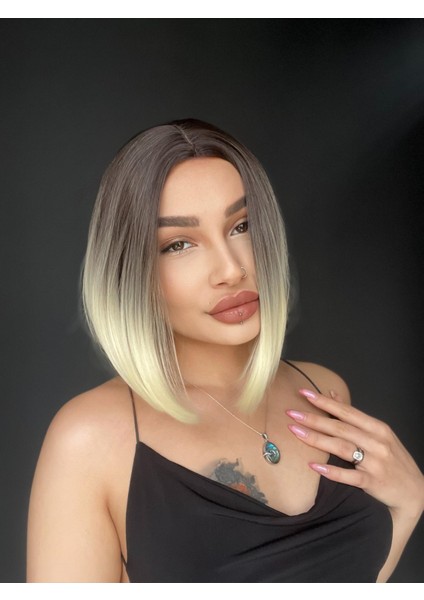 Perçemsiz Bob Kesim Tepe Kısmı Cilt Görünümlü Medikal Peruk Kumral Platin