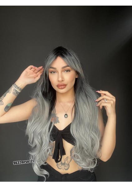 Ekstra Uzun Dalgalı Perçemli Medikal Fiber Peruk Siyah Gri Msn
