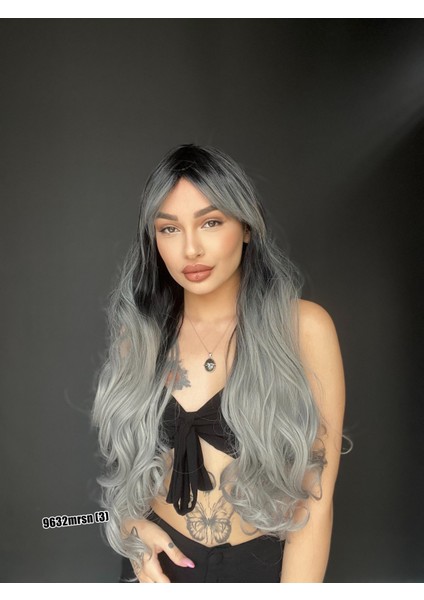 Ekstra Uzun Dalgalı Perçemli Medikal Fiber Peruk Siyah Gri Msn modelleri