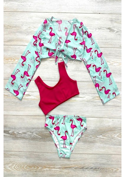 Yeni Sezon 3 Parça Trend Mini Pareolu Desenli Kız Çocuk Bikini Takımı